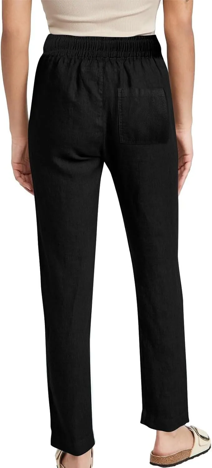 Linen Pants Women Drawstring Straight Leg Pants Casual Lightweight Summer Pants Loose Fit Trousers with Pockets