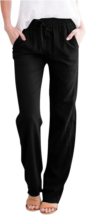 Linen Pants Women Drawstring Straight Leg Pants Casual Lightweight Summer Pants Loose Fit Trousers with Pockets