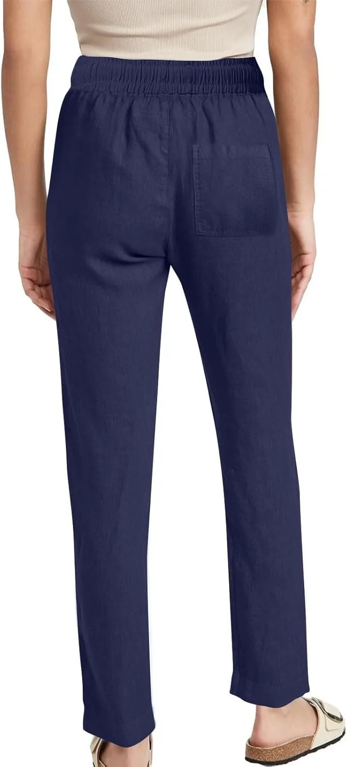 Linen Pants Women Drawstring Straight Leg Pants Casual Lightweight Summer Pants Loose Fit Trousers with Pockets