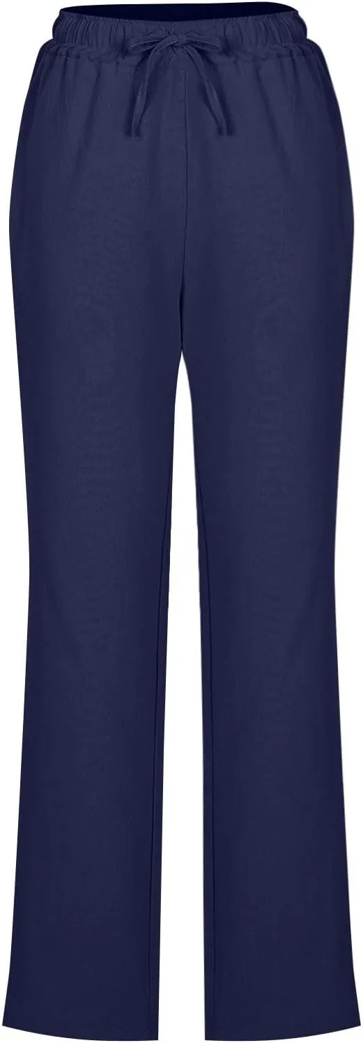 Linen Pants Women Drawstring Straight Leg Pants Casual Lightweight Summer Pants Loose Fit Trousers with Pockets