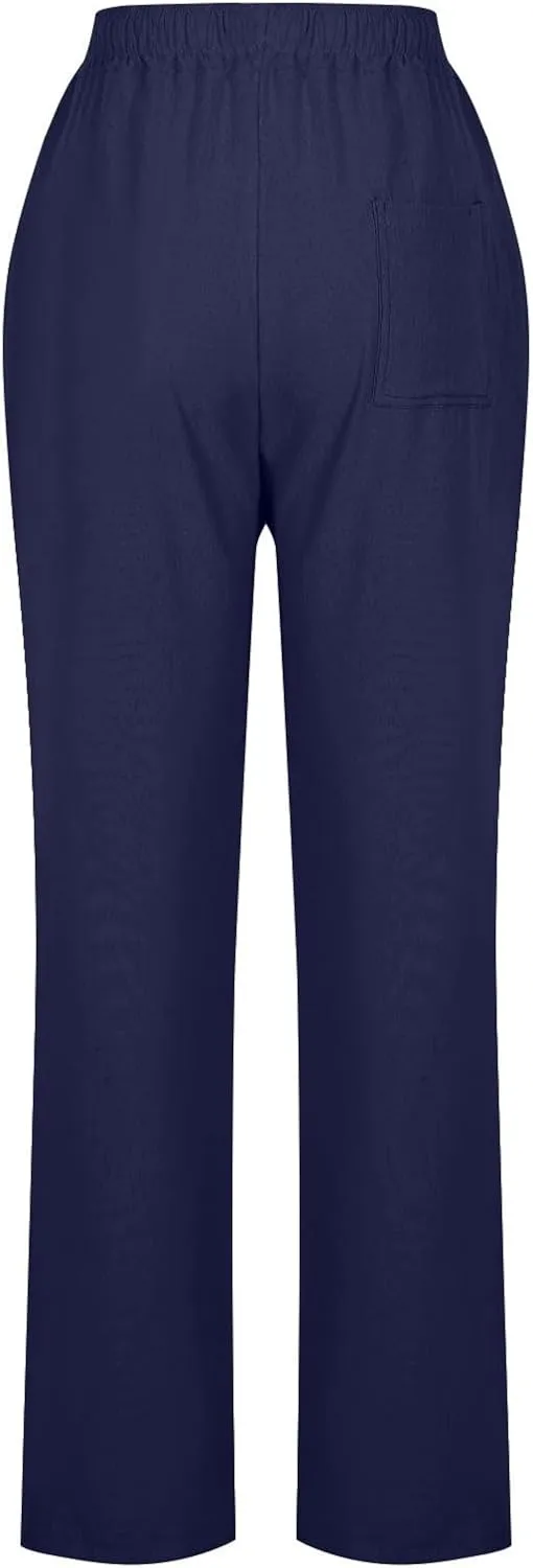 Linen Pants Women Drawstring Straight Leg Pants Casual Lightweight Summer Pants Loose Fit Trousers with Pockets
