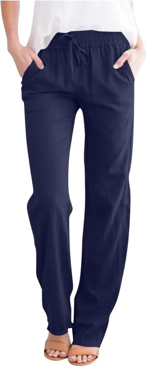 Linen Pants Women Drawstring Straight Leg Pants Casual Lightweight Summer Pants Loose Fit Trousers with Pockets