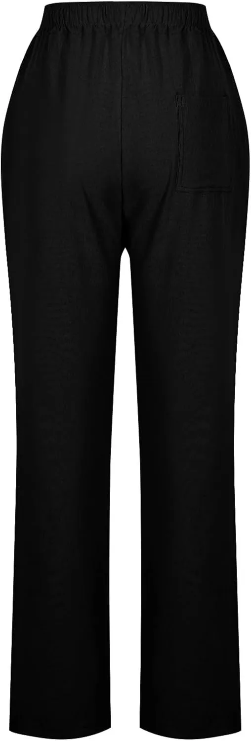 Linen Pants Women Drawstring Straight Leg Pants Casual Lightweight Summer Pants Loose Fit Trousers with Pockets