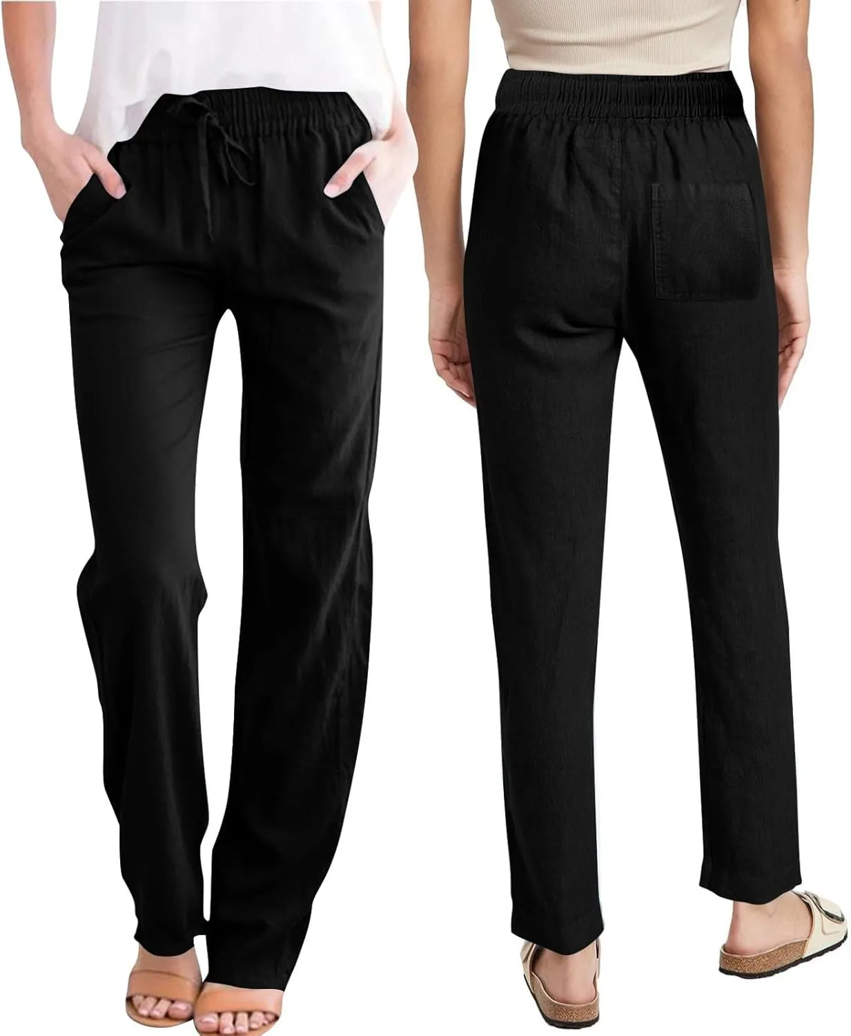Linen Pants Women Drawstring Straight Leg Pants Casual Lightweight Summer Pants Loose Fit Trousers with Pockets
