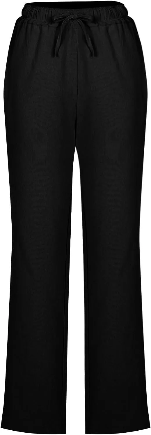 Linen Pants Women Drawstring Straight Leg Pants Casual Lightweight Summer Pants Loose Fit Trousers with Pockets