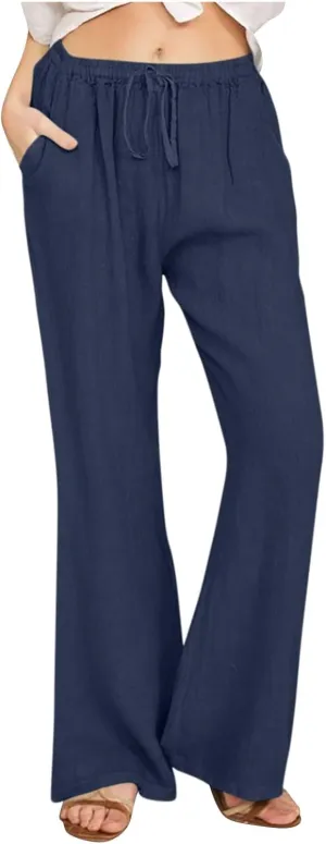 Linen Pants Women High Waisted Flare Palazzo Pants Summer Wide Leg Pants Elastic Waist Beach Pants Lounge Trousers