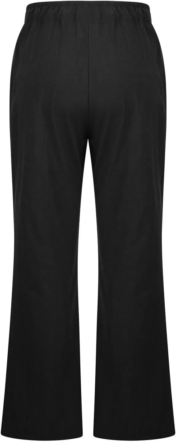 Linen Pants Women High Waisted Flare Palazzo Pants Summer Wide Leg Pants Elastic Waist Beach Pants Lounge Trousers