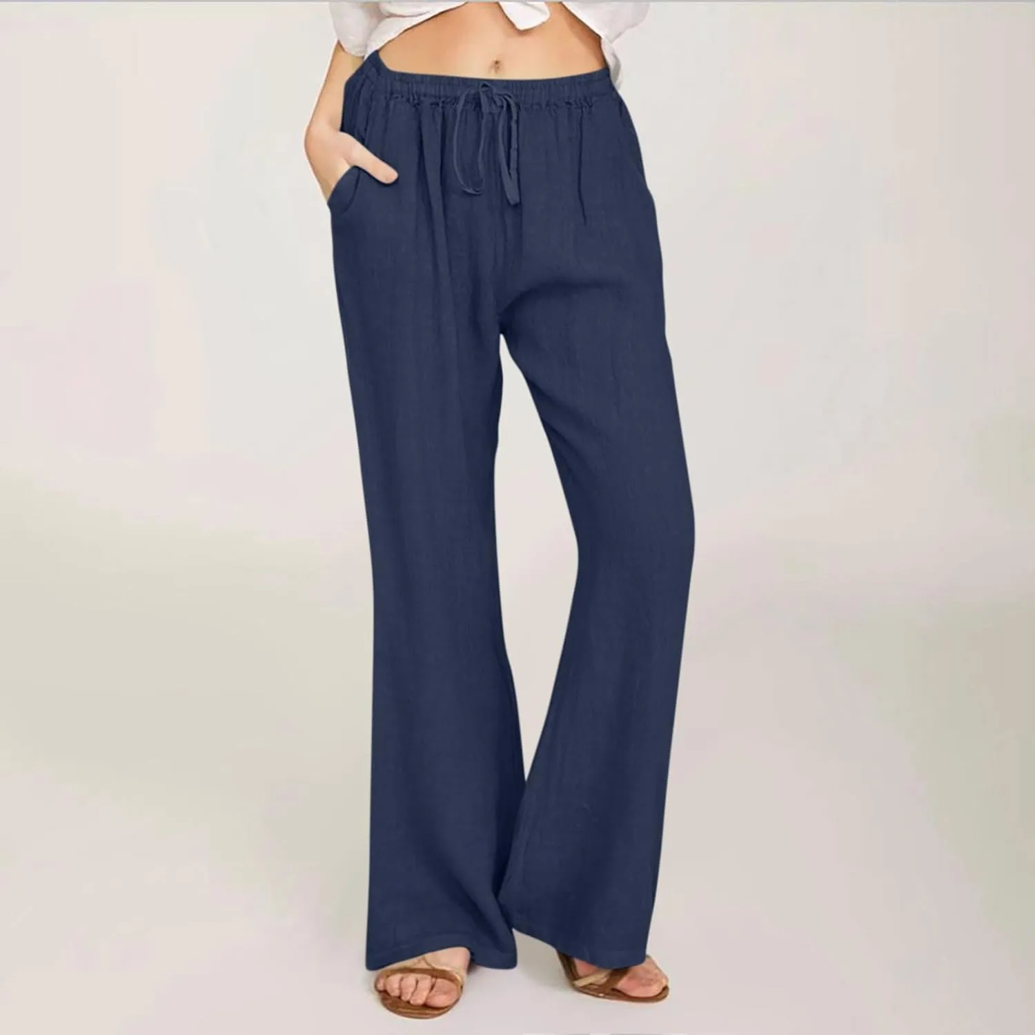 Linen Pants Women High Waisted Flare Palazzo Pants Summer Wide Leg Pants Elastic Waist Beach Pants Lounge Trousers