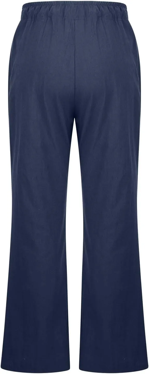 Linen Pants Women High Waisted Flare Palazzo Pants Summer Wide Leg Pants Elastic Waist Beach Pants Lounge Trousers
