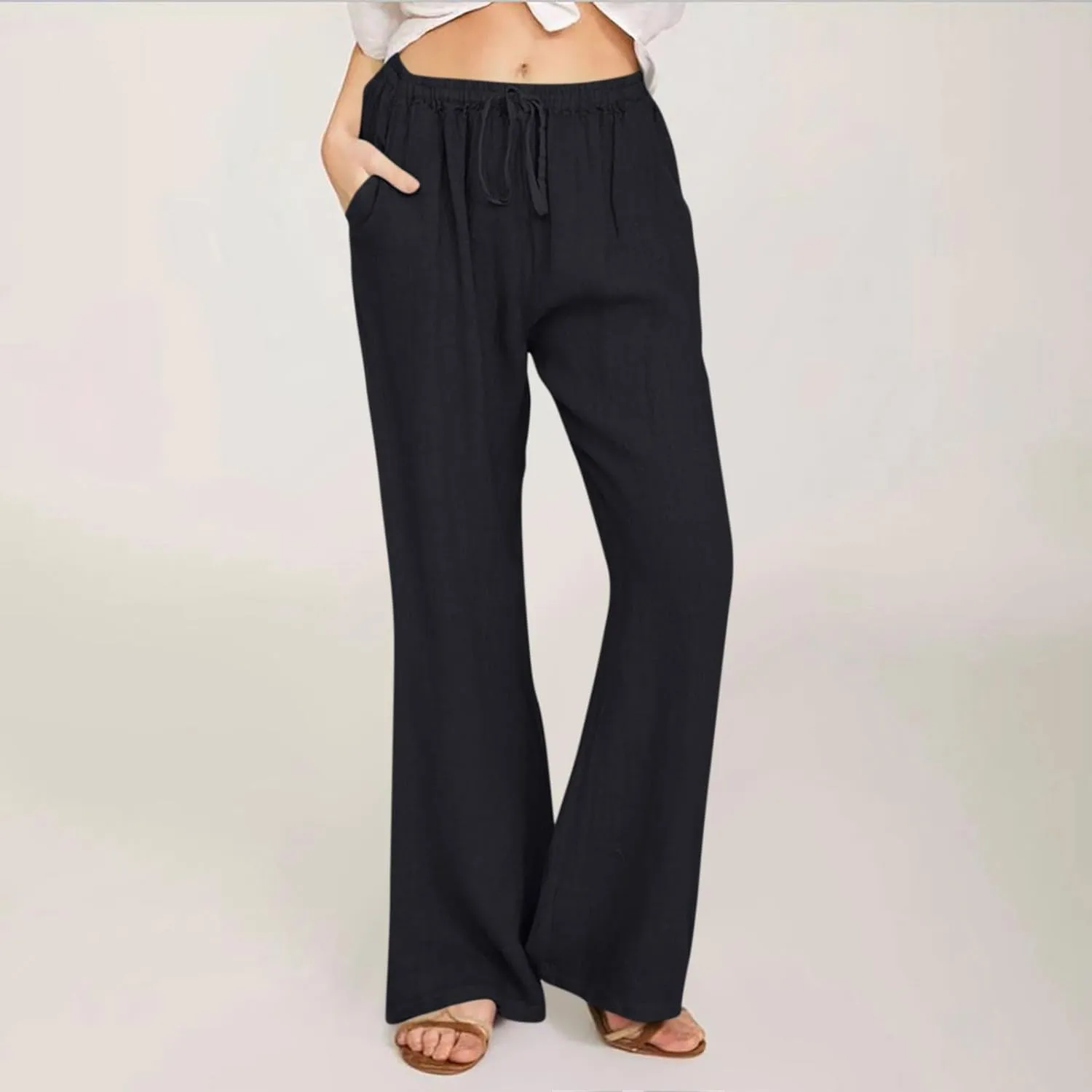 Linen Pants Women High Waisted Flare Palazzo Pants Summer Wide Leg Pants Elastic Waist Beach Pants Lounge Trousers