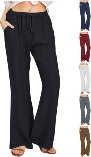 Linen Pants Women High Waisted Flare Palazzo Pants Summer Wide Leg Pants Elastic Waist Beach Pants Lounge Trousers