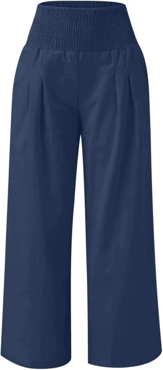 Linen Pants Women High Waisted Wide Leg Palazzo Pants Summer Beach Flowy Pants Casual Dress Pants Lounge Trousers