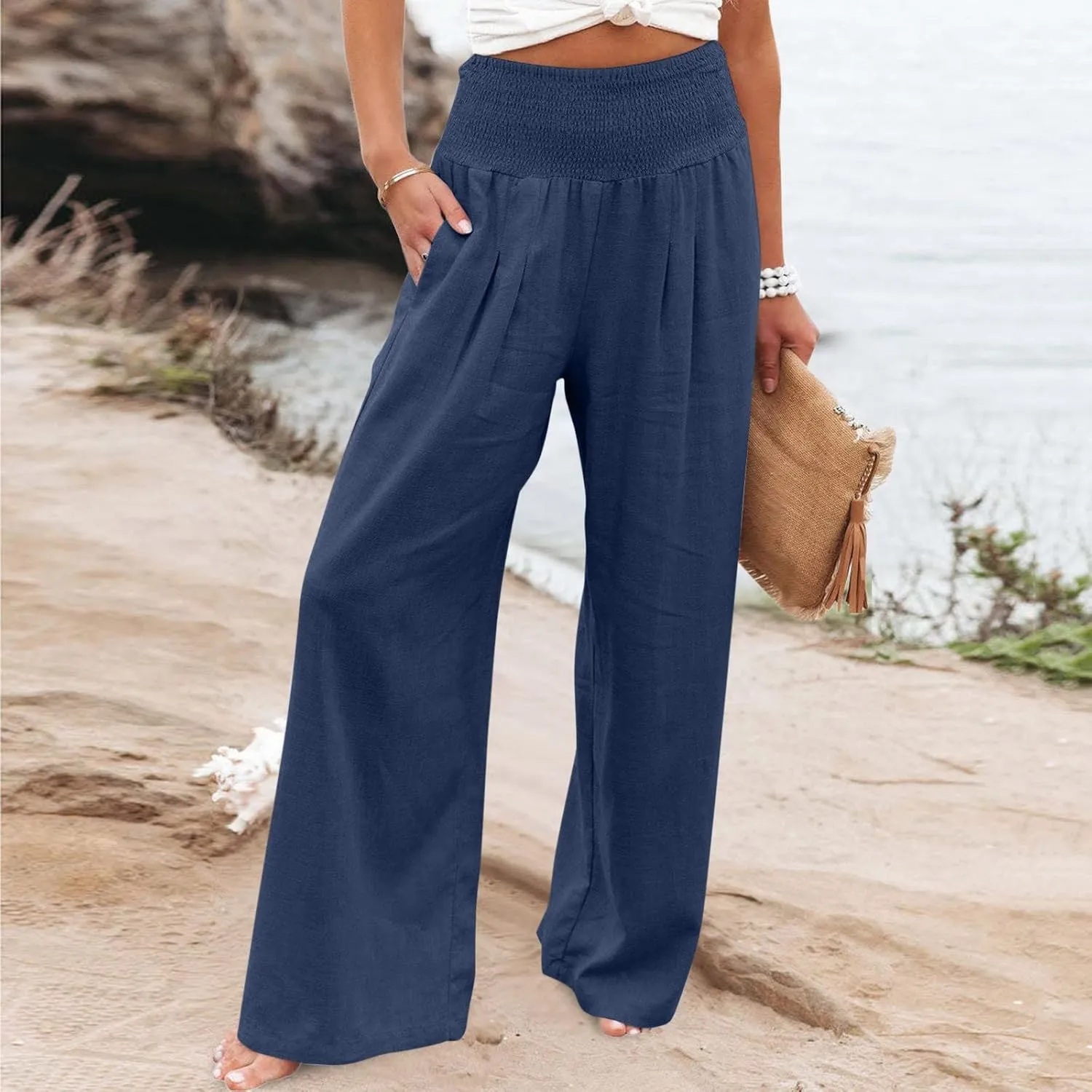 Linen Pants Women High Waisted Wide Leg Palazzo Pants Summer Beach Flowy Pants Casual Dress Pants Lounge Trousers