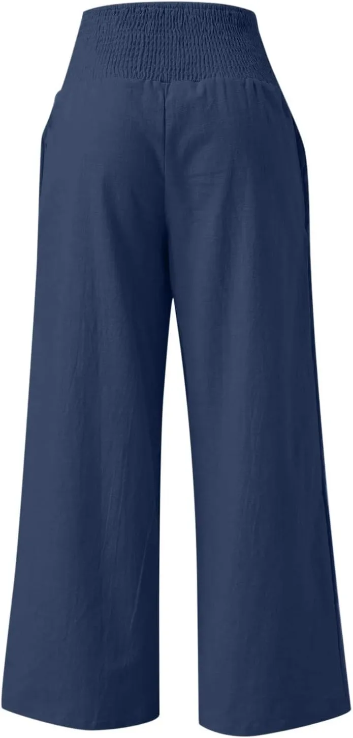 Linen Pants Women High Waisted Wide Leg Palazzo Pants Summer Beach Flowy Pants Casual Dress Pants Lounge Trousers