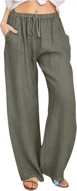 Linen Pants Women Summer Casual Drawstring Wide Leg Palazzo Pants Elastic Waist Cotton Lounge Trousers with Pockets