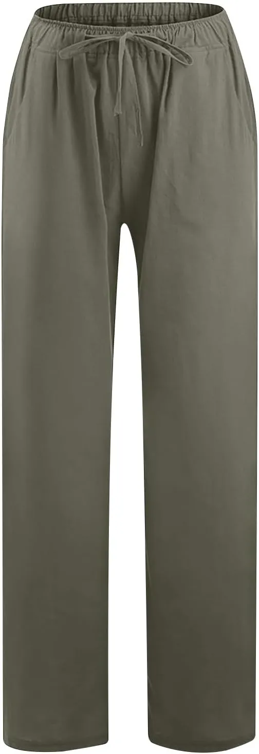 Linen Pants Women Summer Casual Drawstring Wide Leg Palazzo Pants Elastic Waist Cotton Lounge Trousers with Pockets