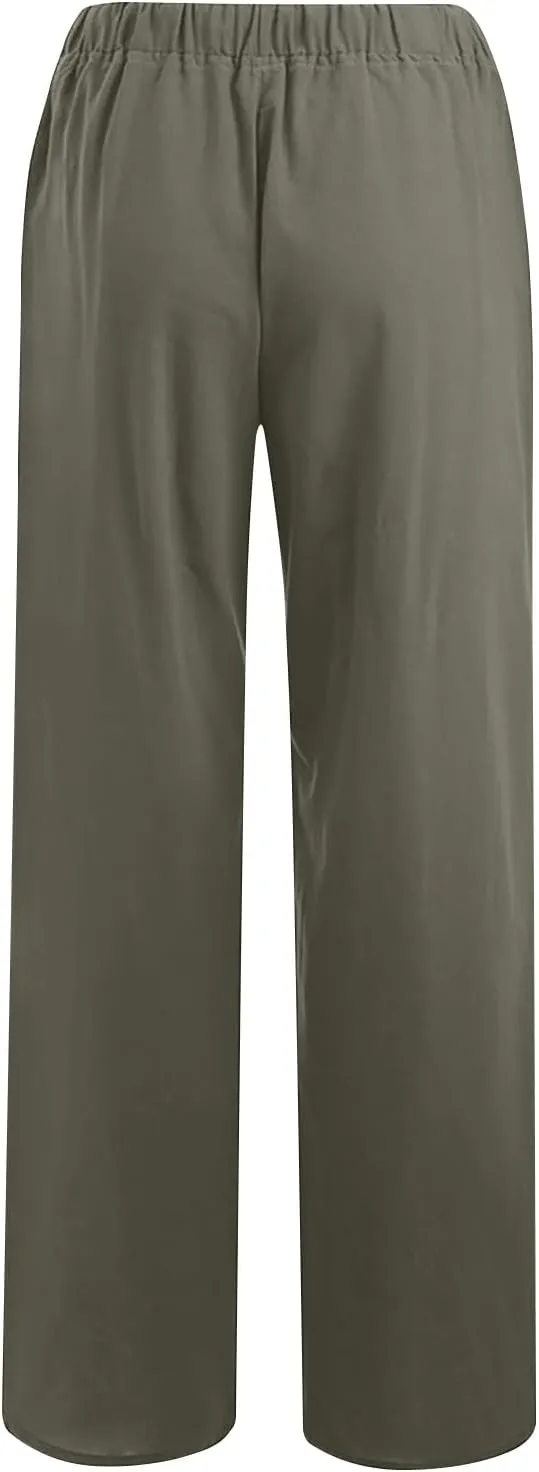 Linen Pants Women Summer Casual Drawstring Wide Leg Palazzo Pants Elastic Waist Cotton Lounge Trousers with Pockets