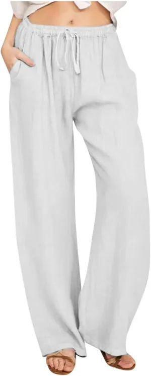 Linen Pants Women Summer High Waisted Pants Casual Wide Leg Pant Drawstring Elastic Waist Pant Flowy Beach Trousers