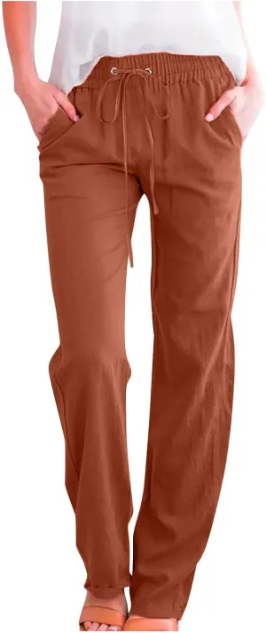 Linen Pants Women Wide Leg Summer Lounge Pants High Waisted Elastic Waist Trousers Fashion Trousers with Pockets 2025