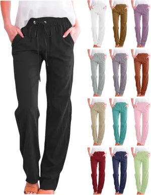 Linen Pants Women Wide Leg Summer Lounge Pants High Waisted Elastic Waist Trousers Fashion Trousers with Pockets 2025