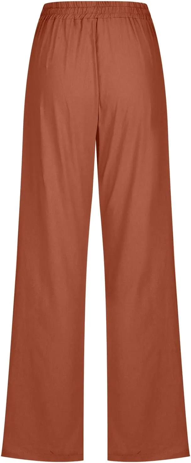 Linen Pants Women Wide Leg Summer Lounge Pants High Waisted Elastic Waist Trousers Fashion Trousers with Pockets 2025