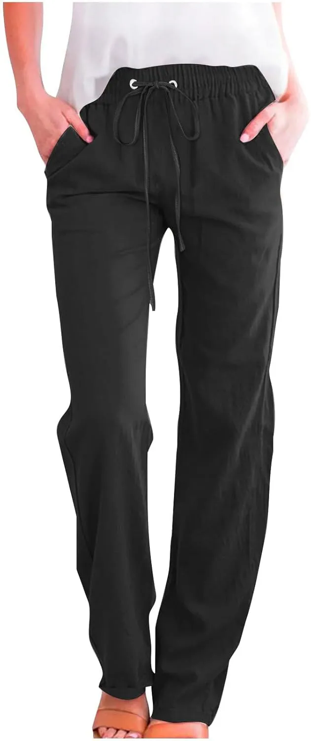 Linen Pants Women Wide Leg Summer Lounge Pants High Waisted Elastic Waist Trousers Fashion Trousers with Pockets 2025