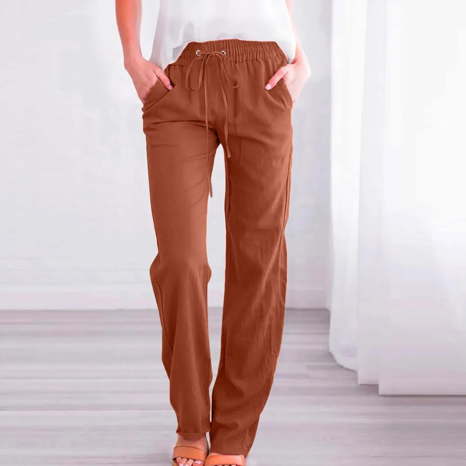 Linen Pants Women Wide Leg Summer Lounge Pants High Waisted Elastic Waist Trousers Fashion Trousers with Pockets 2025