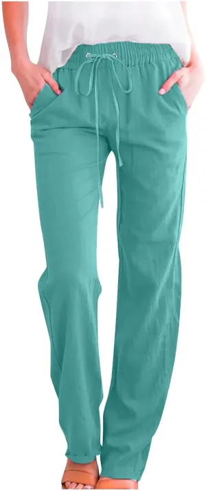 Linen Pants Women Wide Leg Summer Lounge Pants High Waisted Elastic Waist Trousers Fashion Trousers with Pockets 2025