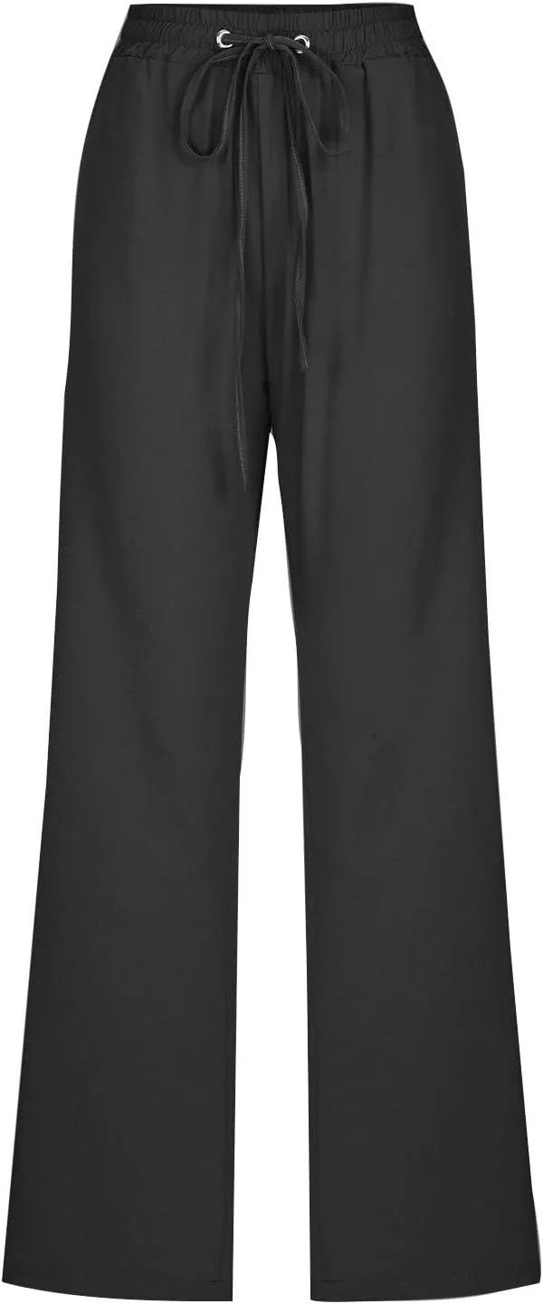 Linen Pants Women Wide Leg Summer Lounge Pants High Waisted Elastic Waist Trousers Fashion Trousers with Pockets 2025