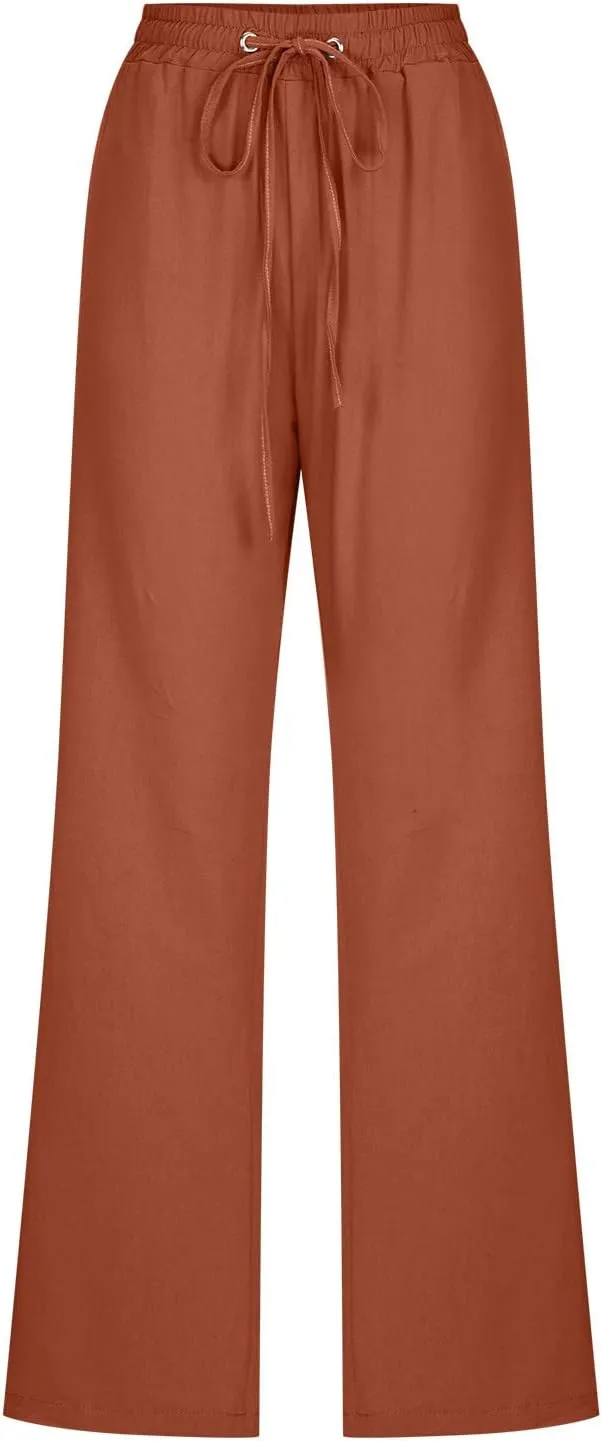 Linen Pants Women Wide Leg Summer Lounge Pants High Waisted Elastic Waist Trousers Fashion Trousers with Pockets 2025