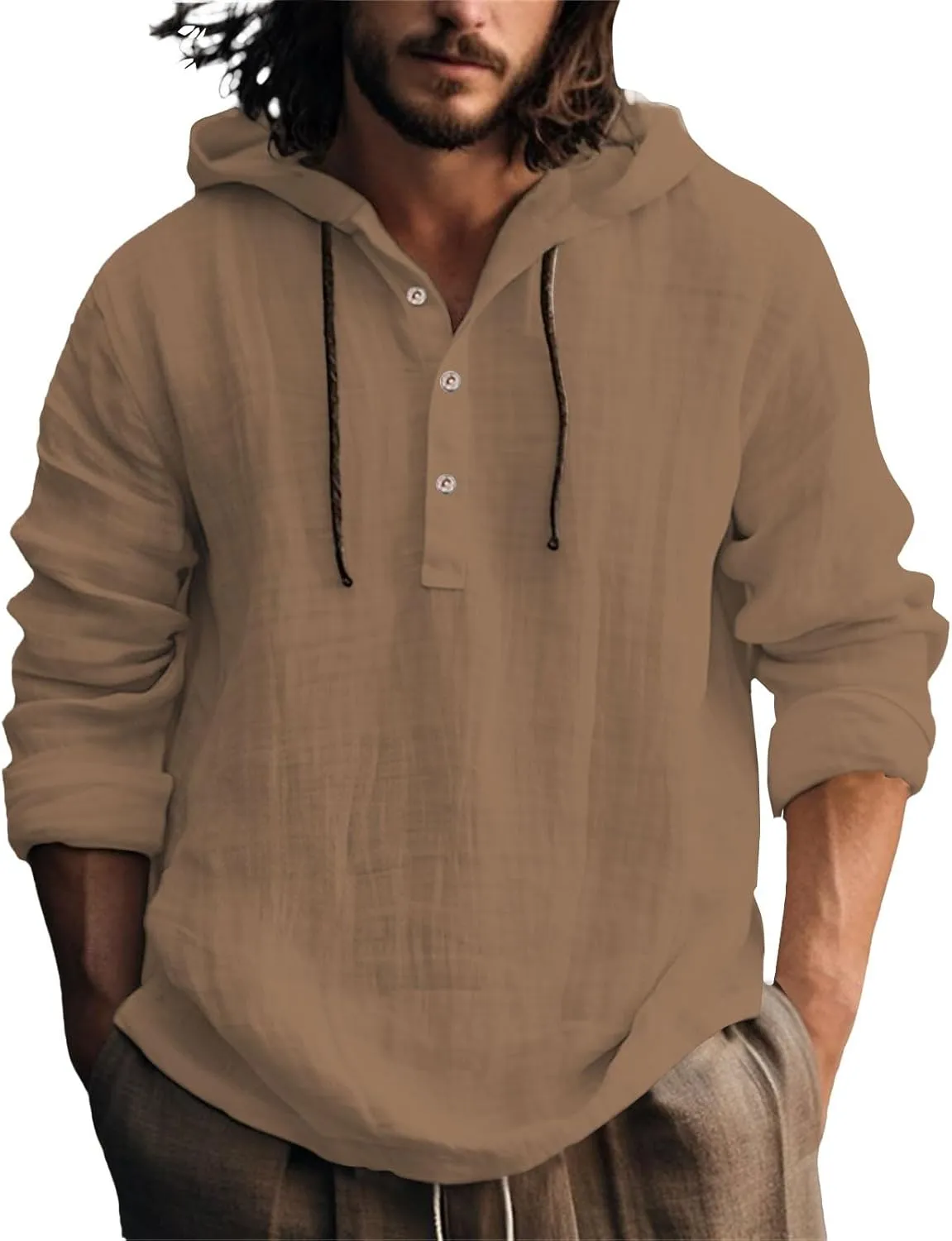Linen Shirts for Men Breathable Quick Dry Button Up Long Sleeve Shirt with Hood Loose Summer Hoodies Casual Beach Tops