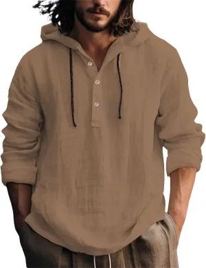 Linen Shirts for Men Breathable Quick Dry Button Up Long Sleeve Shirt with Hood Loose Summer Hoodies Casual Beach Tops