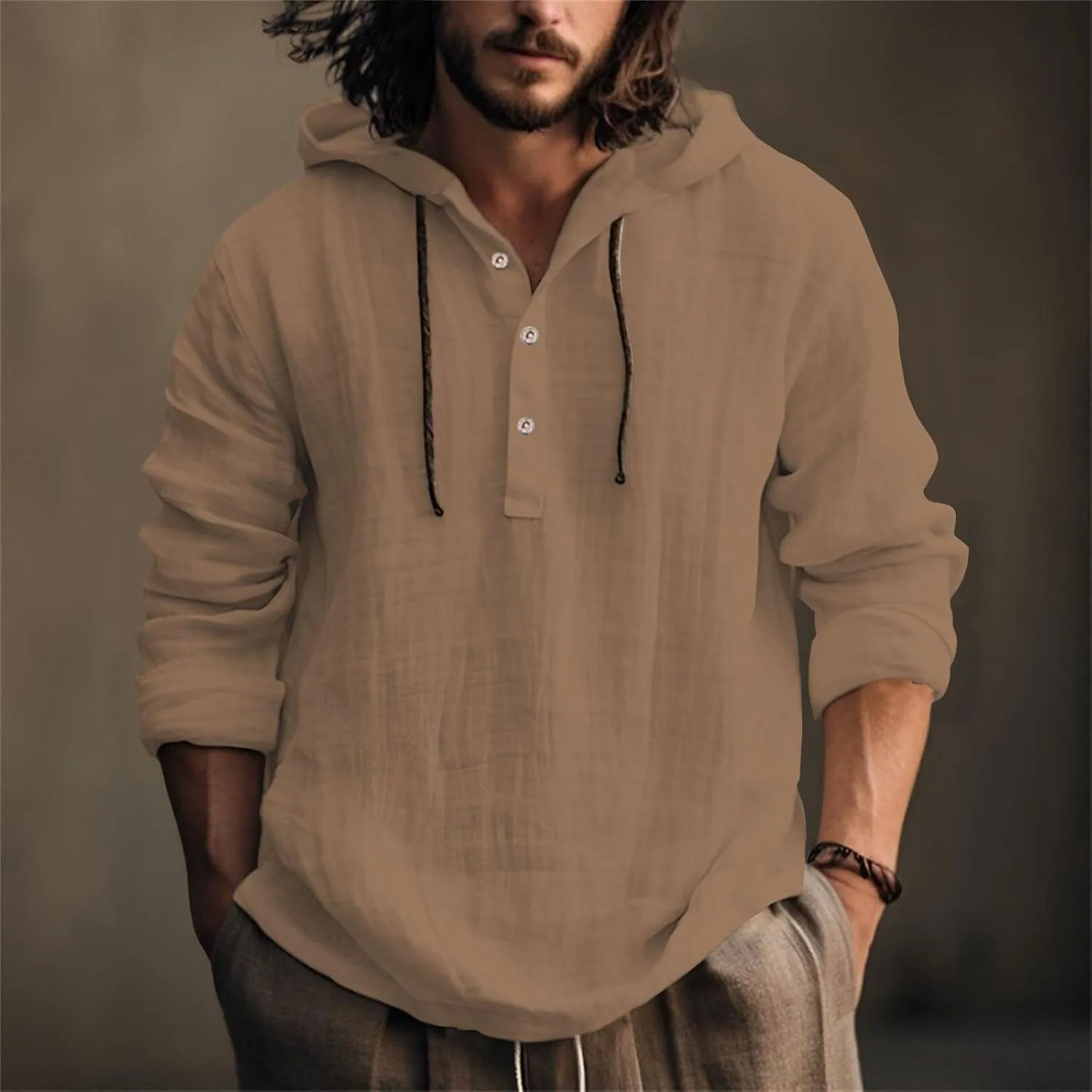 Linen Shirts for Men Breathable Quick Dry Button Up Long Sleeve Shirt with Hood Loose Summer Hoodies Casual Beach Tops