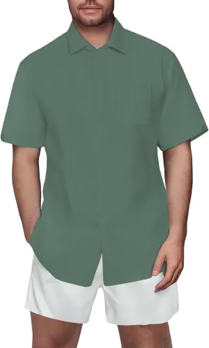 Linen Shirts for Men Button Down Short Sleeve Big and Tall Hawaiian Summer Casual T Shirt Beach Guayabera Cuban Shirts
