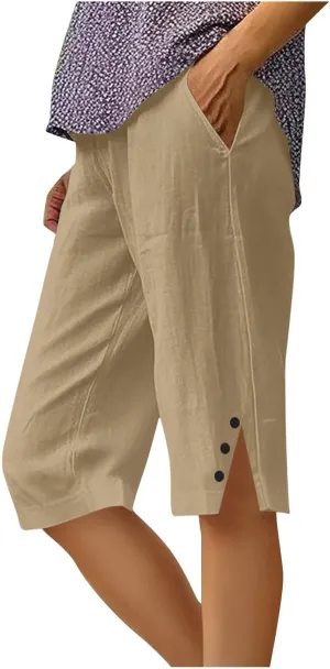 Linen Short Pants for Women Knee Length Summer Drawstring Elastic High Waist Womens Pant Straight Comfy Leg Trouser