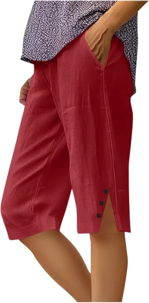 Linen Short Pants for Women Knee Length Summer Drawstring Elastic High Waist Womens Pant Straight Comfy Leg Trouser
