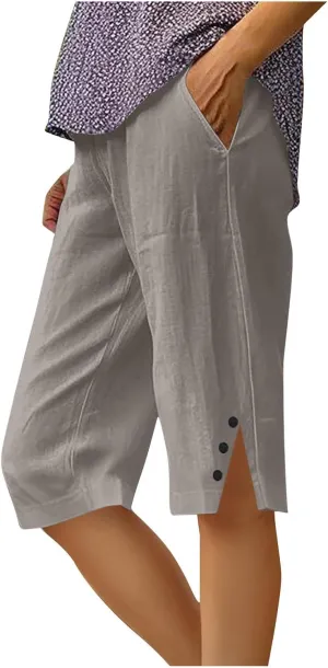 Linen Short Pants for Women Knee Length Summer Drawstring Elastic High Waist Womens Pant Straight Comfy Leg Trouser