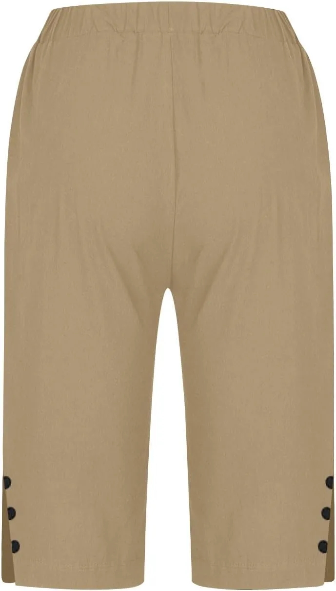 Linen Short Pants for Women Knee Length Summer Drawstring Elastic High Waist Womens Pant Straight Comfy Leg Trouser