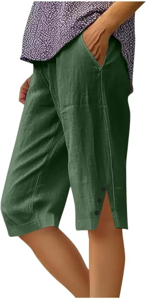 Linen Short Pants for Women Knee Length Summer Drawstring Elastic High Waist Womens Pant Straight Comfy Leg Trouser