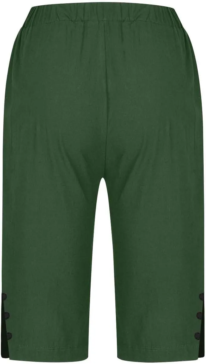 Linen Short Pants for Women Knee Length Summer Drawstring Elastic High Waist Womens Pant Straight Comfy Leg Trouser
