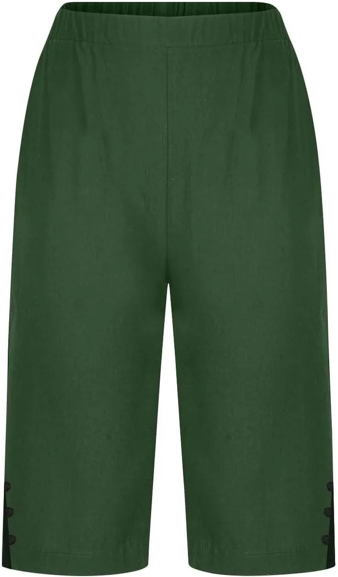Linen Short Pants for Women Knee Length Summer Drawstring Elastic High Waist Womens Pant Straight Comfy Leg Trouser