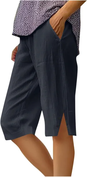 Linen Short Pants for Women Knee Length Summer Drawstring Elastic High Waist Womens Pant Straight Comfy Leg Trouser