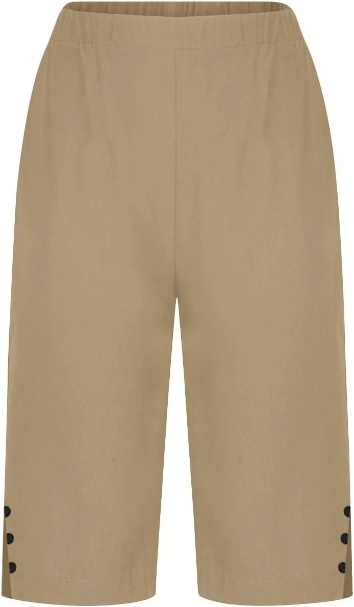 Linen Short Pants for Women Knee Length Summer Drawstring Elastic High Waist Womens Pant Straight Comfy Leg Trouser