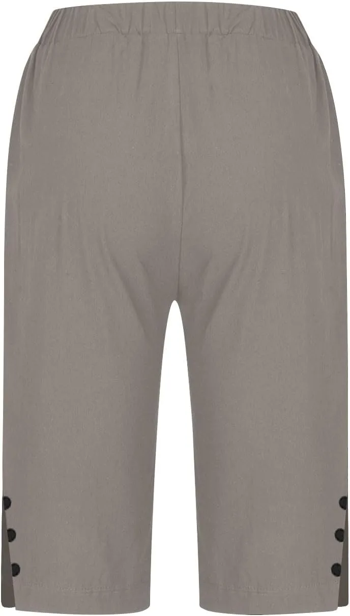 Linen Short Pants for Women Knee Length Summer Drawstring Elastic High Waist Womens Pant Straight Comfy Leg Trouser