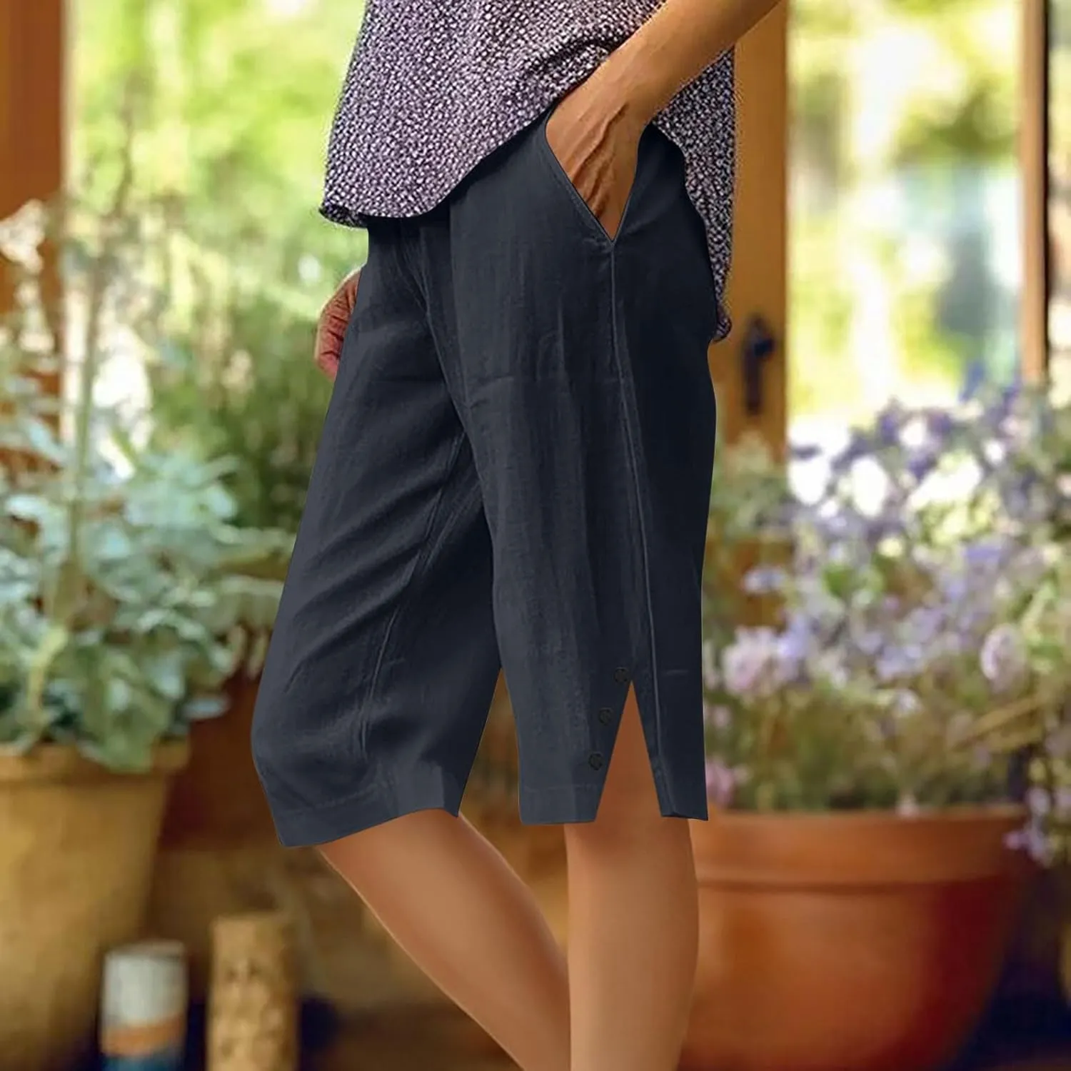 Linen Short Pants for Women Knee Length Summer Drawstring Elastic High Waist Womens Pant Straight Comfy Leg Trouser