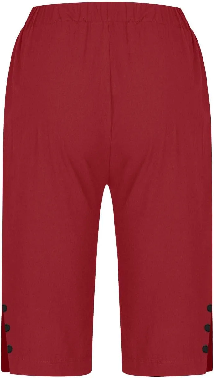 Linen Short Pants for Women Knee Length Summer Drawstring Elastic High Waist Womens Pant Straight Comfy Leg Trouser