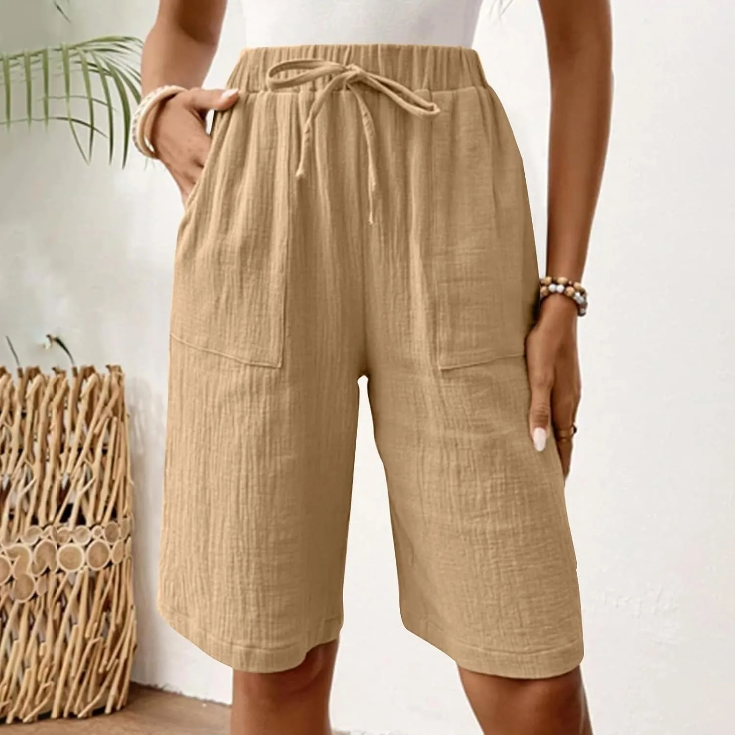 Linen Shorts for Women Knee Length High Waisted Casual Summer 2025 Straight Wide Leg Loose Drawstring Elastic Waist Trouser