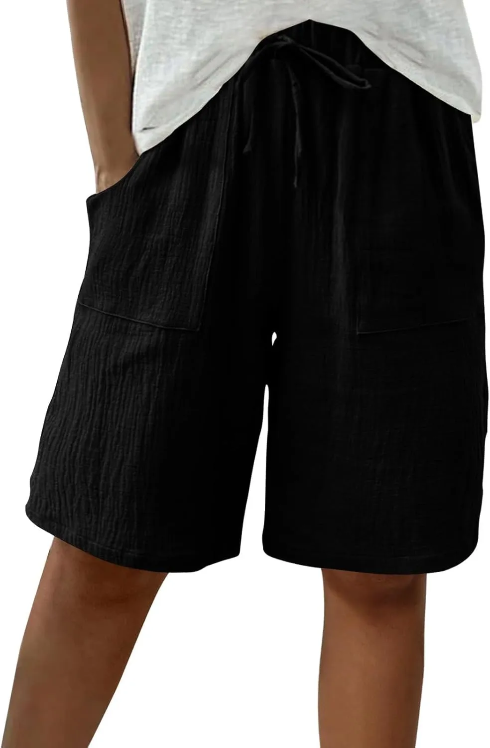 Linen Shorts for Women Knee Length High Waisted Casual Summer 2025 Straight Wide Leg Loose Drawstring Elastic Waist Trouser