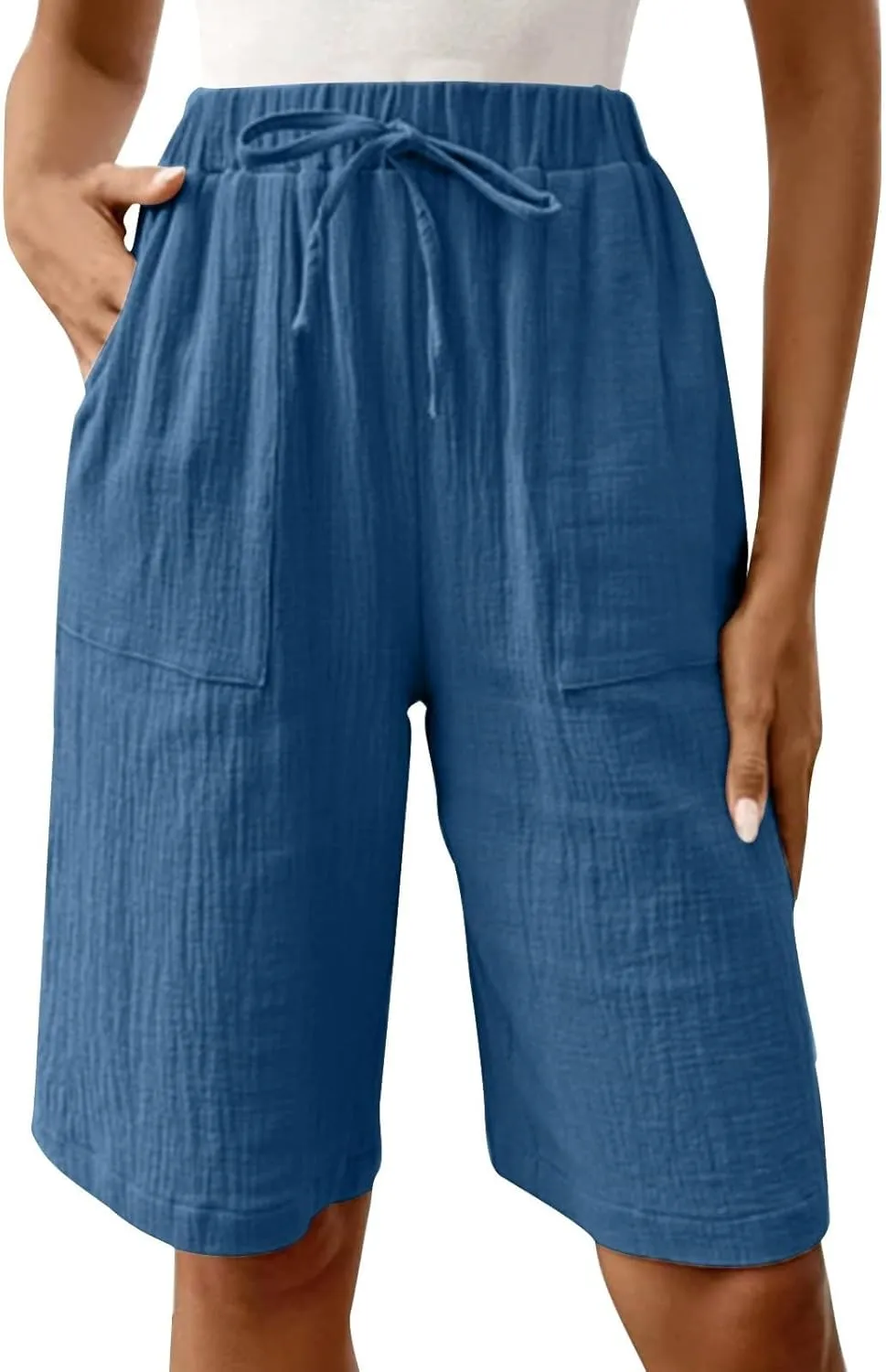 Linen Shorts for Women Knee Length High Waisted Casual Summer 2025 Straight Wide Leg Loose Drawstring Elastic Waist Trouser
