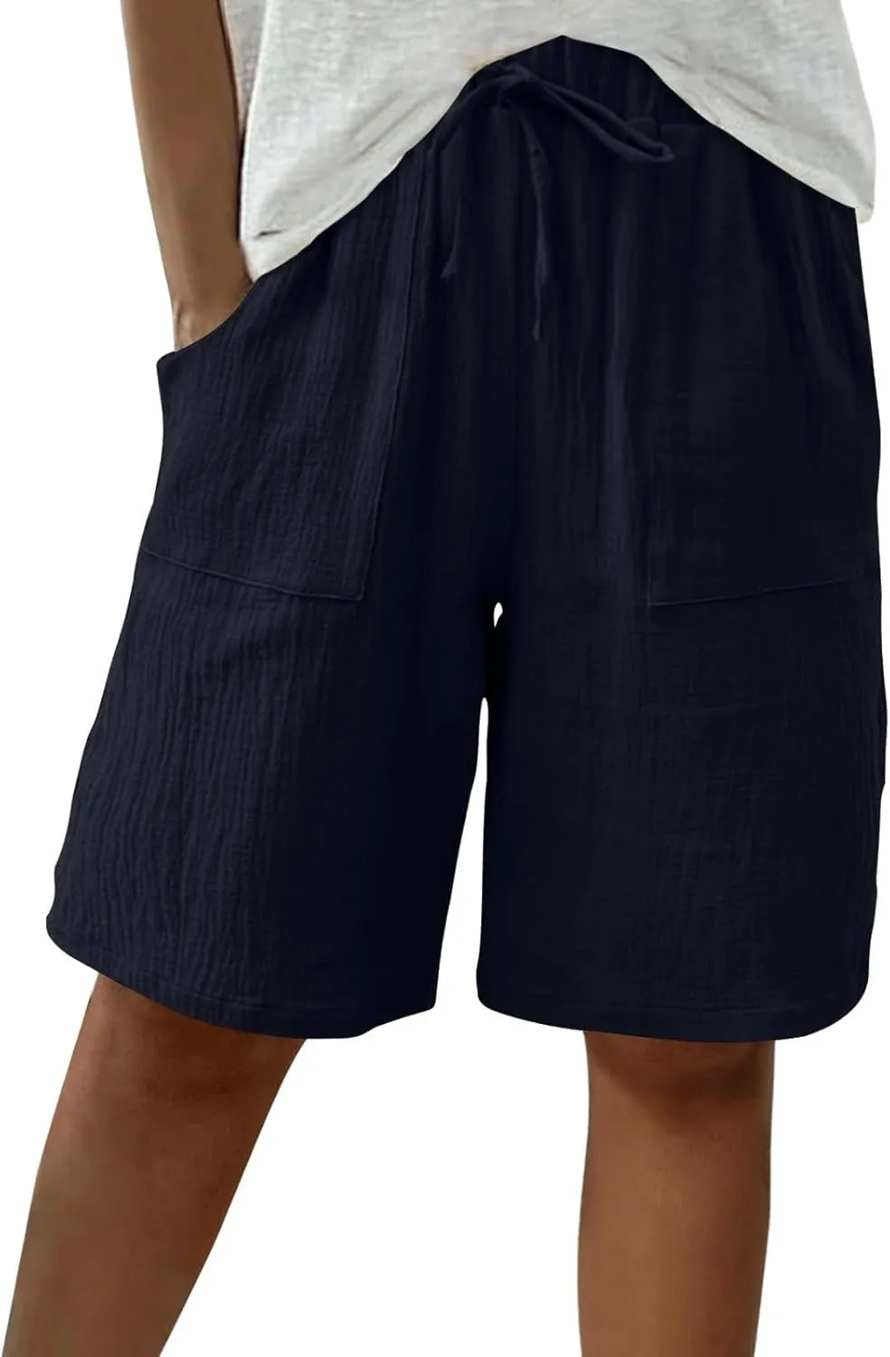 Linen Shorts for Women Knee Length High Waisted Casual Summer 2025 Straight Wide Leg Loose Drawstring Elastic Waist Trouser